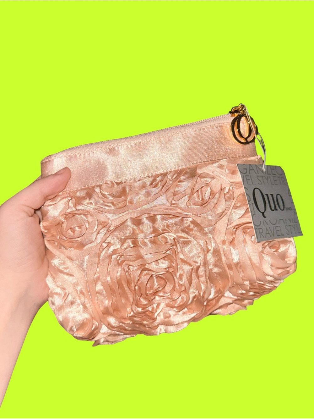 *NWT* Quo Blush Peachy-Gold Satin Rosette Makeup Bag | Floral Cosmetic Pouch